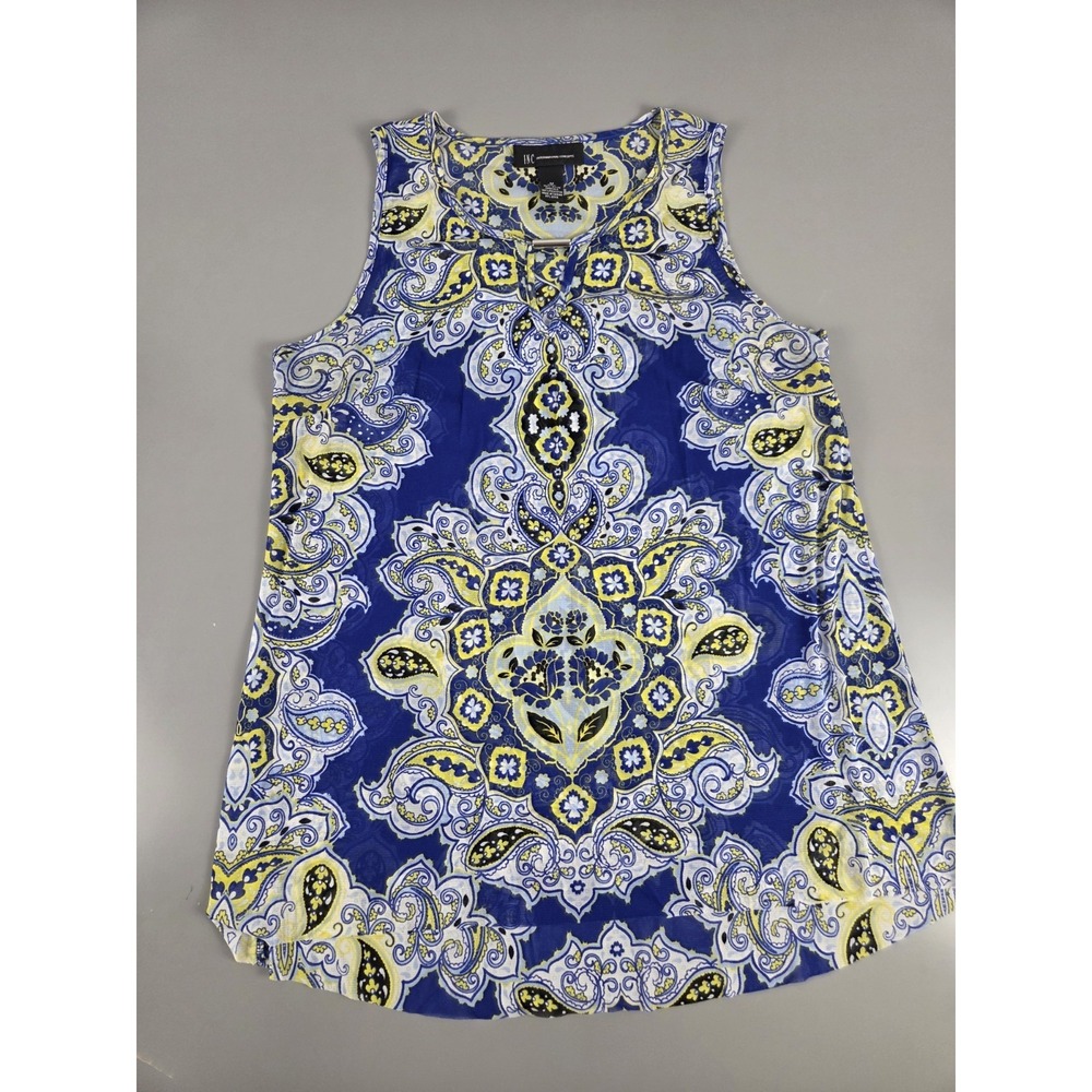 INC International Concepts Womens Sz M Blue Yellow Sheer Tank Metal Accent